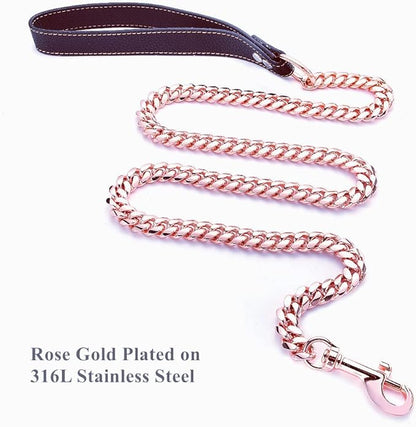 Rose Gold Dog Chain Leash 10MM 14MM Curb Cuban Link Chain Dog Leash Strong Chew Proof Stainless Steel Leash 3FT/4FT/5FT for Small Medium Large Dogs(14mm,5ft)…