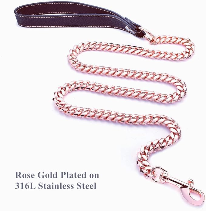 Rose Gold Dog Chain Leash 10MM 14MM Curb Cuban Link Chain Dog Leash Strong Chew Proof Stainless Steel Leash 3FT/4FT/5FT for Small Medium Large Dogs(14mm,4ft)…