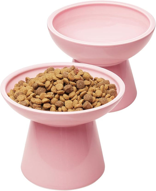 CEEFU 2 Elevated Cat Bowls Extra Wide for Food & Water – Whisker Fatigue, Ceramic Wide Shallow Food Dish, Lead & Cadmium Free, Raised Height for Cats, Pink