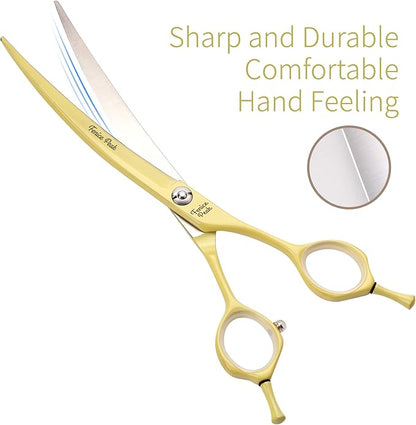 Fenice Peak Curved Dog Grooming Scissors with Yellow Color Coating 440C Stainless Steel Pet Grooming Bending Shears Sharp and Durable Comfortable Engonomic Handle