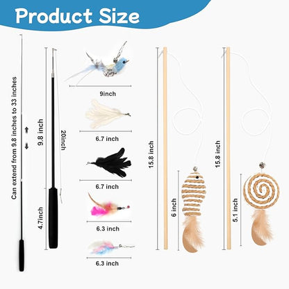 Goosheep 8 Pack Cat Wand Toy Cats Toy (2 Solid Wood Teases+1 Extendable Teaser Wand with 5 Replacement Heads