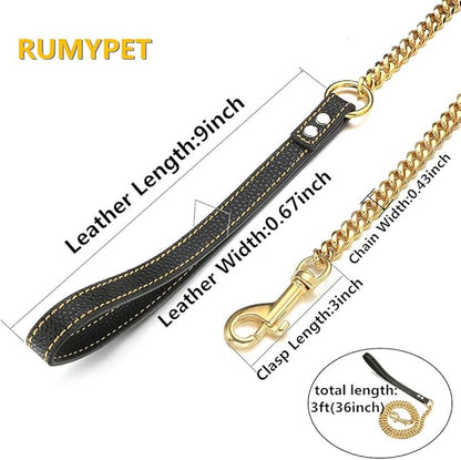 18K Gold Dog Chain Leash 11MM Solid Chew Proof 316L Stainless Steel Cuban Link Chain with Smooth Leather Handle Beautiful Leash for Walking Training 3FT/4FT/5FT(11mm,3ft)…