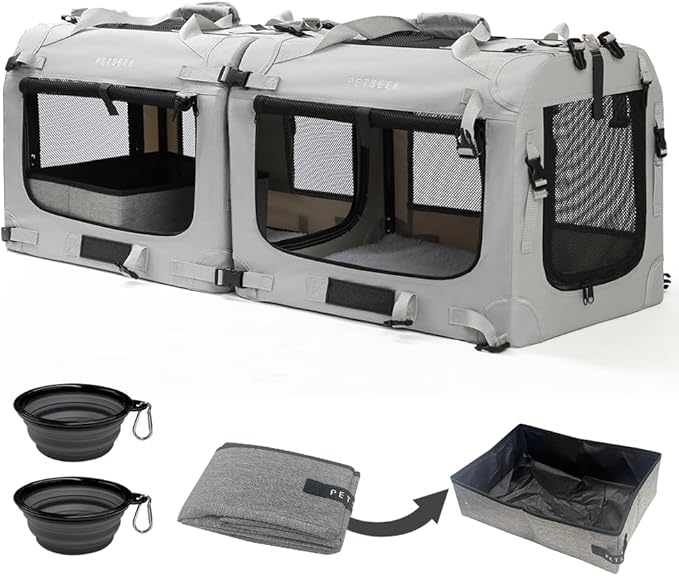 Petseek Extra Large Cat Carrier Soft Sided, Portable Small Dog Carrier for 2 Cats, 24"x16.5"x16" Car Travel Folding Comfortable Design with Litter Box and Bowls, Grey-2+ Litter Box+ Bowl*2