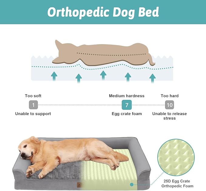 COZY KISS Orthopedic Dog Beds for Large Sized Dog, XL Bolster Pet Couch with Waterproof Lining, Egg Crate Foam Sofa for Pets Up to 100 lbs, U-Shaped, 44x32x7 inch, Grey