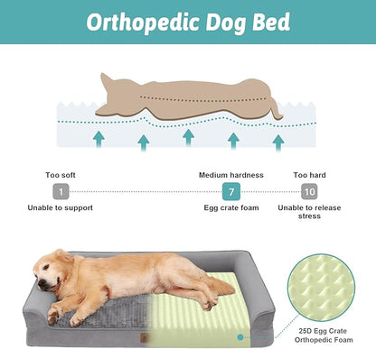COZY KISS Orthopedic Dog Beds for Large Sized Dog, XL Bolster Pet Couch with Waterproof Lining, Egg Crate Foam Sofa for Pets Up to 100 lbs, U-Shaped, 44x32x7 inch, Grey