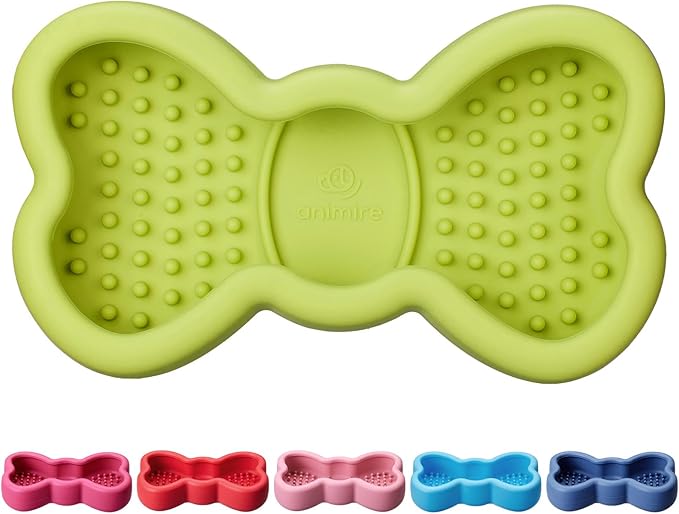 Lick Mat for Dogs, Animire Anti-Spilled Bow Tie Lick Bowls for Anxiety Relief, Silicone Slow Feeder Licking Pad with Suction Cups, Freezeable Dog Enrichment Toy for Boredom and Distraction(Green,S)