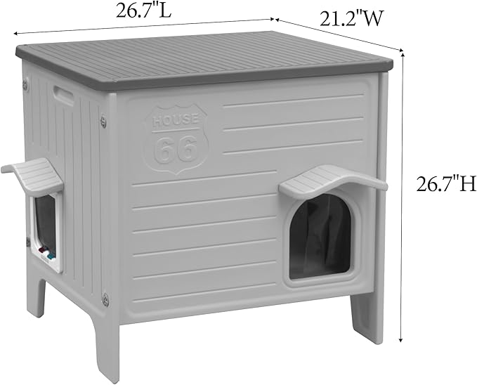 Weatherproof Outdoor Heated Cat House for Feral Cat, Plastic Elevated Cat Shelter with Escape Door, Easy Assemble, Expansive Interior‌ Grey Large 27.0" L x 27.0" W x 21.0" H