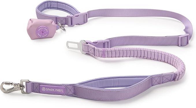 Spark Paws Handsfree Dog Leash – Shock Absorbing Waist Bungee Lead for Running, Car Seatbelt Clip & Poop Bag Set, Heavy Duty Tactical Lead for Medium, Large & X-Large Breeds - Lilac