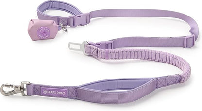 Spark Paws Handsfree Dog Leash – Shock Absorbing Waist Bungee Lead for Running, Car Seatbelt Clip & Poop Bag Set, Heavy Duty Tactical Lead for Medium, Large & X-Large Breeds - Lilac