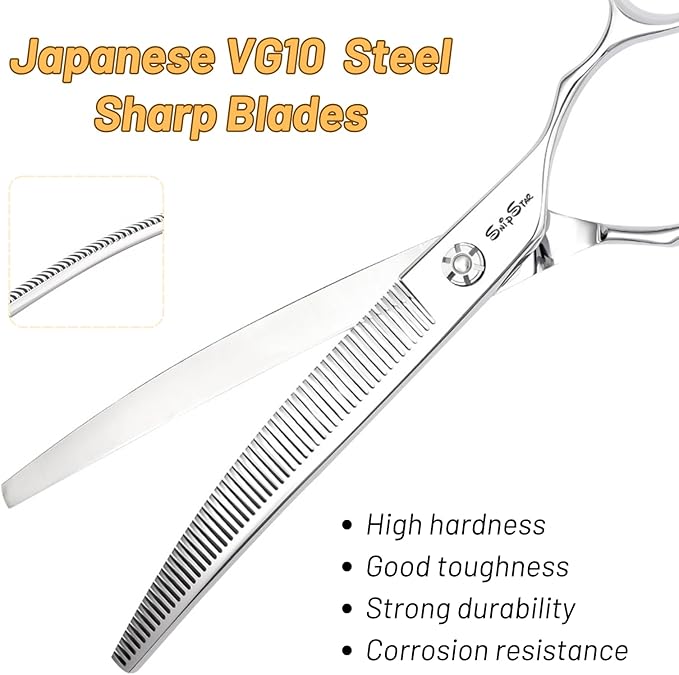 7.5in Curved Thinner Dog Grooming Scissors, 56 Teeth Professional Dog Cutting Scissors, 25 Degree Bend High-end Shears for Pet Groomers or Family Use, with Symmetric Handle, Thinning Rate 25%, Silver