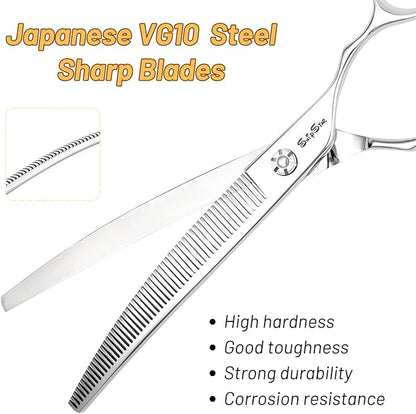 7.5in Curved Thinner Dog Grooming Scissors, 56 Teeth Professional Dog Cutting Scissors, 25 Degree Bend High-end Shears for Pet Groomers or Family Use, with Symmetric Handle, Thinning Rate 25%, Silver