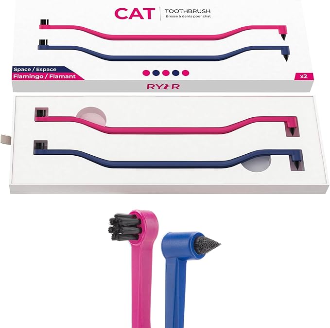 RYERCAT Set of Dual Sided Cat Toothbrushes - Kitten Toothbrush with Micro Head to fit into Kittens Mouth - Cat Dental Care Supplies Pet Toothbrush for Cats (Flamingo Pink and Space Blue)