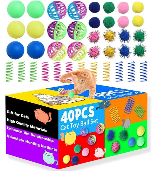 Flashine Cat Toys for Indoor Cats 40 PCS Kitten Toys Cat Interactive Toys Pack Including Cats Springs Sparkle Ball Pom Pom Ball Jingle Balls Tracks Balls