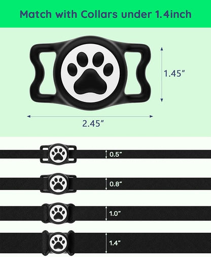WhoseID IP68 Waterpoof Dog Airtag Holder, Stretchy Silicone Full Body Covered Apple Air Tag Holder for Dog Cat Collar Fit All Width Collar (4* Black, 4 Pack)