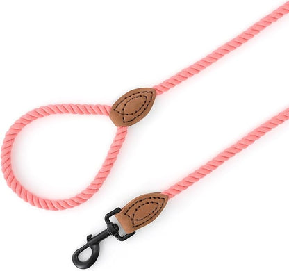 Mile High Life Dog Leash, Braided Cotton Rope Leashes with Leather Tailor Tip with Leather Tip - Heavy Duty Metal Clasp, 6FT, 1/2" Thick - Wedding, Walking Leash for Medium Large Dogs(Pink)