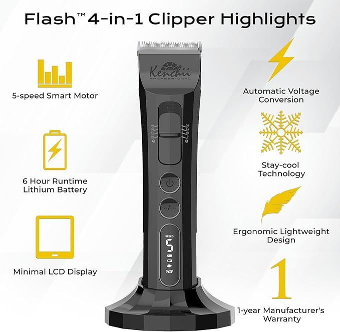 Kenchii Flash Dog Clippers for Grooming 4-in-1 Digital Cordless Cat & Dog Grooming Clipper for Pet Care, Precision Pet Grooming Trim, Shape, and Style Effortlessly, Black