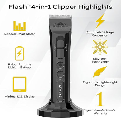 Kenchii Flash Dog Clippers for Grooming 4-in-1 Digital Cordless Cat & Dog Grooming Clipper for Pet Care, Precision Pet Grooming Trim, Shape, and Style Effortlessly, Black