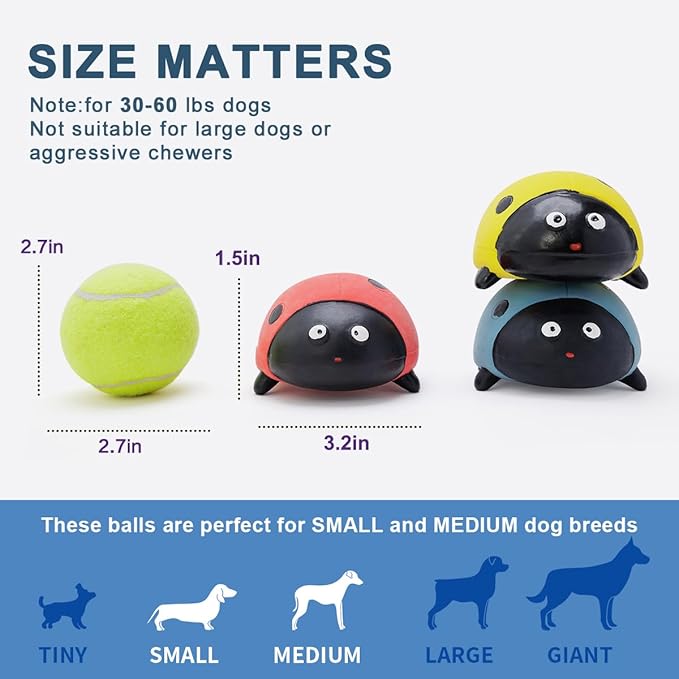 Pawdoer 3 Pack Squeaky Dog Toys for Medium Dogs, Soft Latex Squeaky Dog Ball, Cute Funny Squeak Ladybug Pet Toys