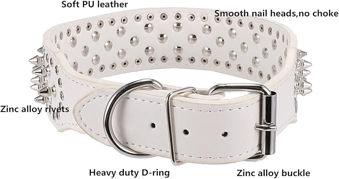 Hoot PU Leather Adjustable Spiked Studded Dog Collar 2" Wide 25 Spikes (XS(Neck 15"-18"), White)