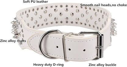 Hoot PU Leather Adjustable Spiked Studded Dog Collar 2" Wide 25 Spikes (XS(Neck 15"-18"), White)