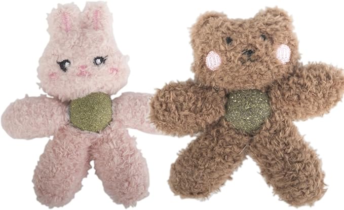 Gavpepy Cat Toys with Catnip Kitten Chew Bite Supplies Boredom Relief Fluffy Kitty Teeth Cleaning Chewing Cat Lovers Interactive Plush Gift (Rabbit&Bear)
