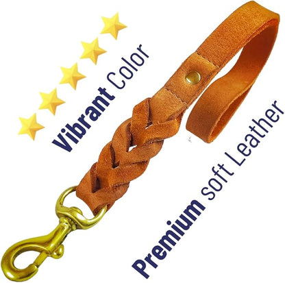 Leather Short Dog Leash 15 Inch - Short Dog Traffic Lead for Large Dogs Training and Walking - Braided Leather Tab for Large Dogs - Full Grain Heavy Duty. (Tan, 1 FT)