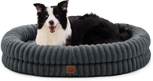 XL Dog Bed - Luxury Striped Faux Fur Waterproof Pet Couch with Removable Washable Cover, Orthopedic Dog Bed with Bolster Sides for Sleeping, Dark Grey