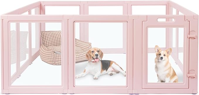 LoveTail DIY Clear Acrylic Dog Playpen House,Quick Easy Assembly and Disassembly,Strong Floor Suction,Indoor and Outdoor Use,Easy Cleansing Puppy Fence (Skin Pink, 23.6" H, 12PCS)