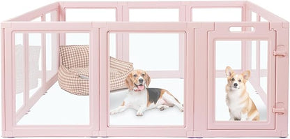 LoveTail DIY Clear Acrylic Dog Playpen House,Quick Easy Assembly and Disassembly,Strong Floor Suction,Indoor and Outdoor Use,Easy Cleansing Puppy Fence (Skin Pink, 23.6" H, 12PCS)