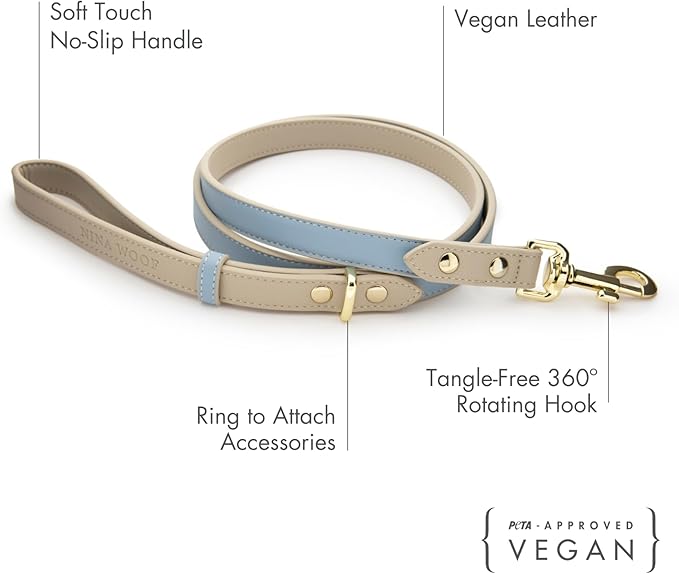 NINA WOOF Leather Dog Leash - Slim Leash with Reinforced Hardware, European Design, Blue, 4ft