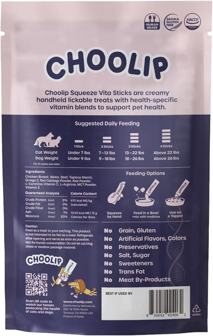 Choolip Squeeze Vita Stick Lickable Cat and Dog Treats, 7-Count Brain Support, Tuna and Chicken with DHA, CoQ10 and Vitamin E, Vet-Formulated