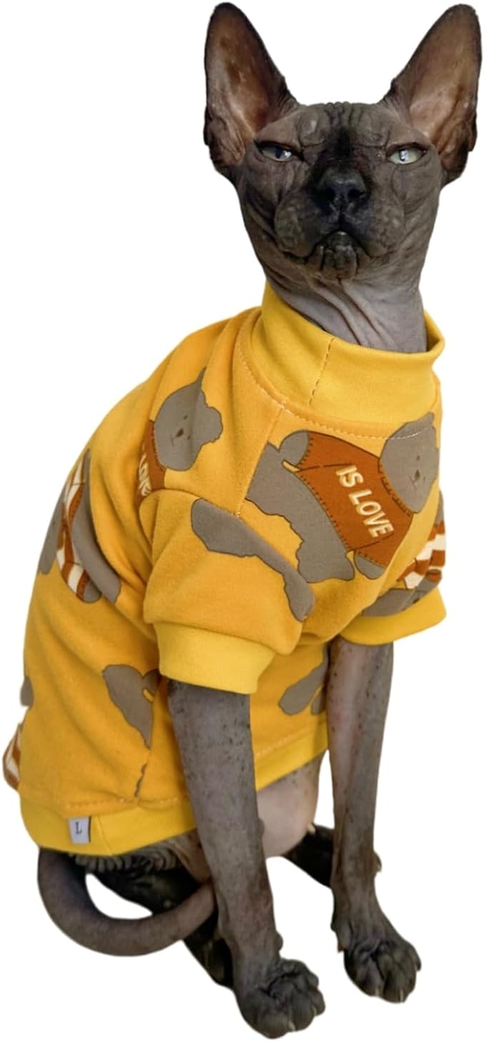 Limited Edition Sphynx Cat T-Shirts Elastic Hairless Cat Sweatshirt Pet Kitten Clothes Round Collar Kitten Shirts Vest Cats & Small Dogs Apparel (Bear, XL (10-12 lbs))