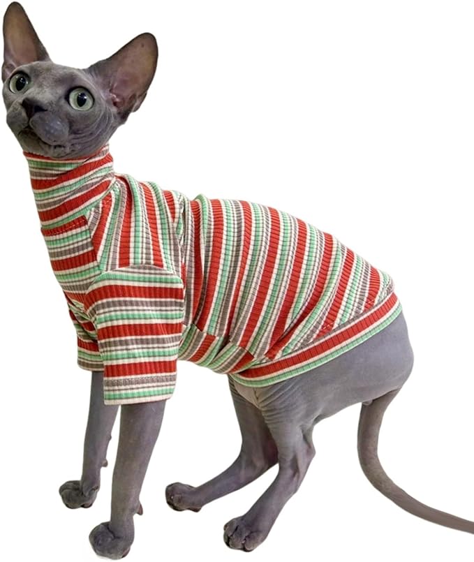 Turtle Neck Vintage Stripes Sphynx Hairless Cat Cotton T-Shirts Pet Clothes Vest Kitten Shirts Sleeveless, Cats & Small Dogs Apparel (Autumn, XS (2-3 lbs))