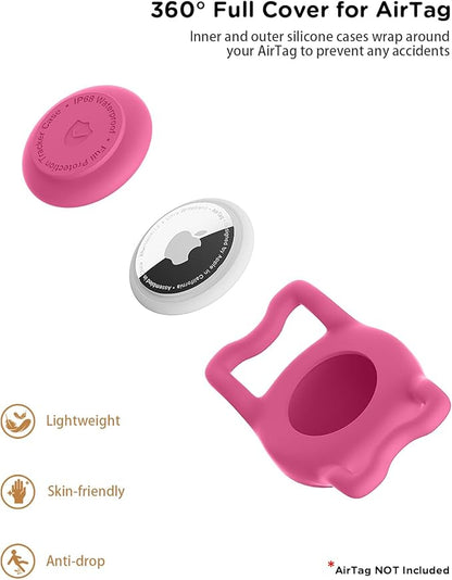 WhoseID IP68 Waterpoof Dog Airtag Holder, Stretchy Silicone Full Body Covered Apple Air Tag Holder for Dog Cat Collar Fit All Width Collar (Rose, 1 Pack)