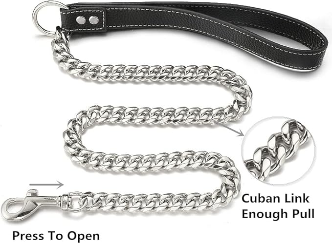 Silver Chain Dog Leash 15MM Solid Chew Proof 316L Stainless Steel Cuban Link Chain with Genuine Leather Handle Training Walking 3FT/4FT/5FT for Small Medium Large Dogs(15mm,4ft)…