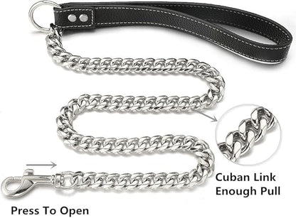 Silver Chain Dog Leash 15MM Solid Chew Proof 316L Stainless Steel Cuban Link Chain with Genuine Leather Handle Training Walking 3FT/4FT/5FT for Small Medium Large Dogs(15mm,4ft)…