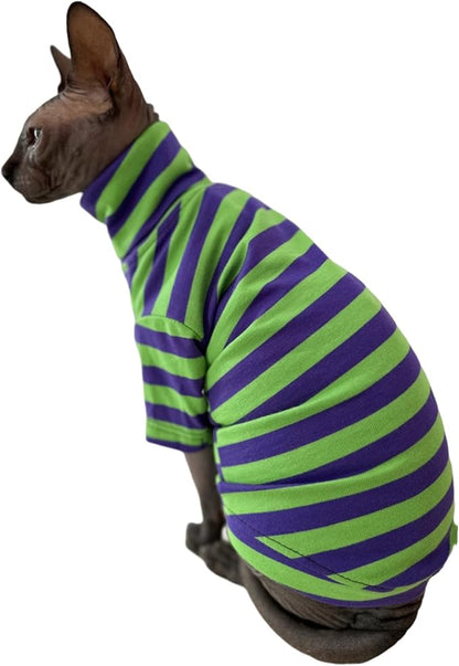 Vintage Stripes Sphynx Hairless Cats Shirt Cotton Cat Turtleneck Pet Clothes Kitten T-Shirts with Sleeves for Sphynx Cats (Eggplant, Small)