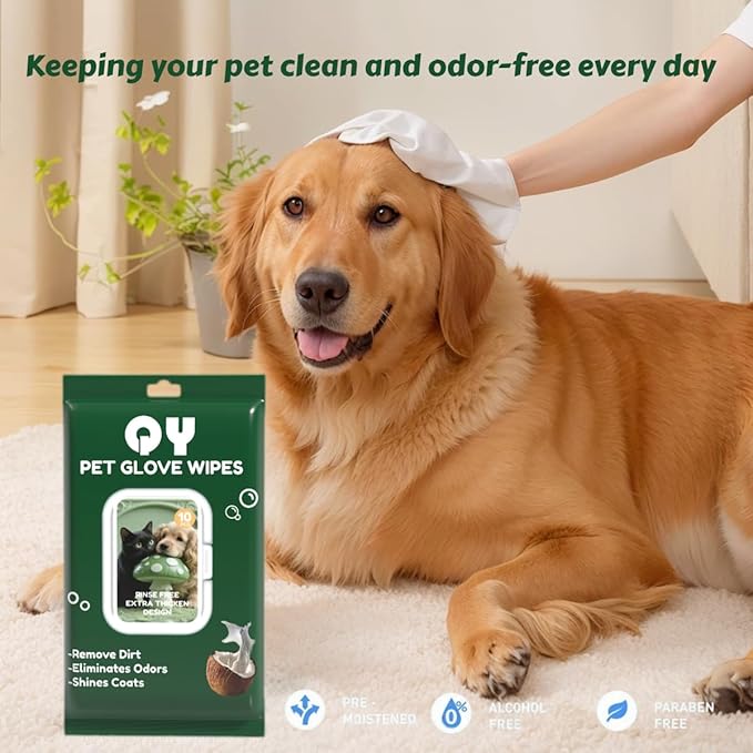 QingYa 20-Pack Extra Thick Pet Cleaning Glove Wipes with Lid | Value Pack Dog & Cat Grooming Gloves | Rinse-Free Bath Wipes with Coconut, Aloe & Jojoba for Odor Control & Daily Care
