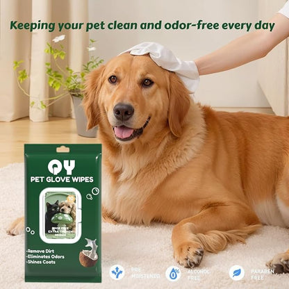 QingYa 20-Pack Extra Thick Pet Cleaning Glove Wipes with Lid | Value Pack Dog & Cat Grooming Gloves | Rinse-Free Bath Wipes with Coconut, Aloe & Jojoba for Odor Control & Daily Care