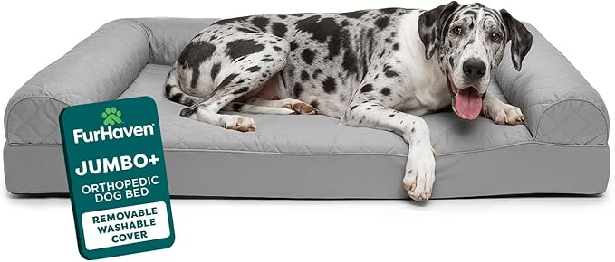 FurHaven Classic Sofa Orthopedic Dog Bed for Large Dogs, Egg Crate with a Solid Orthopedic Foam Base for Joint Support, Removable Washable Cover, Jumbo Plus XXL, Quilted Sofa, Silver Gray