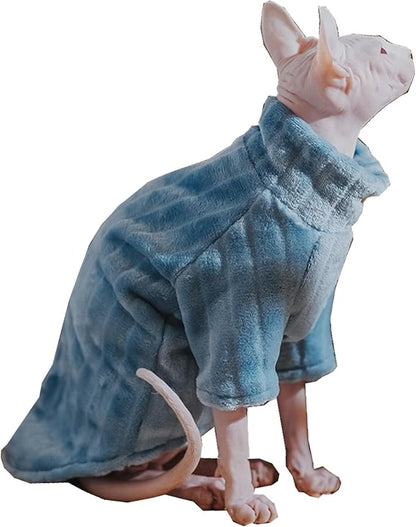 Turtleneck Sweater for Sphynx Cat Soft Coral Fleece Cat Clothes Thick Winter Warm Outfit Coat for Hairless Cats and Small Dogs Apparel with Sleeves (Blue, M (5-7 lbs))