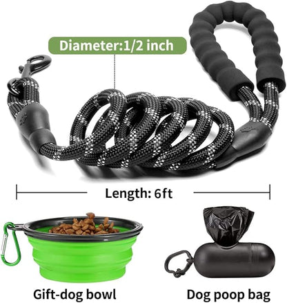 COOYOO 2 Pack Dog Leash 6 FT Heavy Duty - Comfortable Padded Handle - Reflective Dog Leash for Medium Large Dogs with Collapsible Pet Bowl Set 6-Black+Green