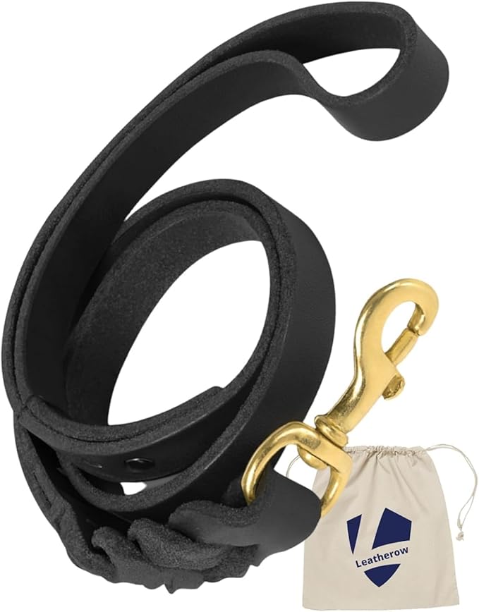 Leather Short Dog Leash 15 Inch - Short Dog Traffic Lead for Large Dogs Training and Walking - Braided Leather Tab for Large Dogs - Full Grain Heavy Duty. (Black, 2 FT)
