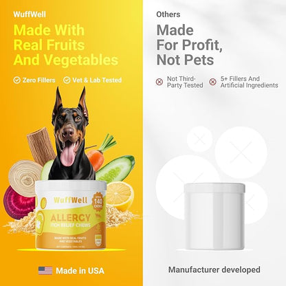 WuffWell Dog Allergy Chews – Supports Immune System & Dog Itching Skin Relief – Advanced All Natural Ingredients & Soft Chews for Dog's Skin Irritation – Made in USA – 140 Count