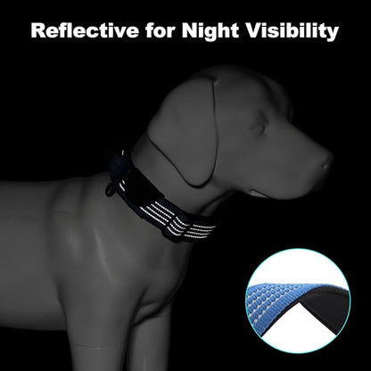 Plutus Pet Tactical Dog Collar with Tracker Pocket for AirTag, Adjustable Reflective Nylon Collar, Metal Buckle, Leather-Wrapped Handle, Soft Padded for Medium Large Dogs (Blue, M)