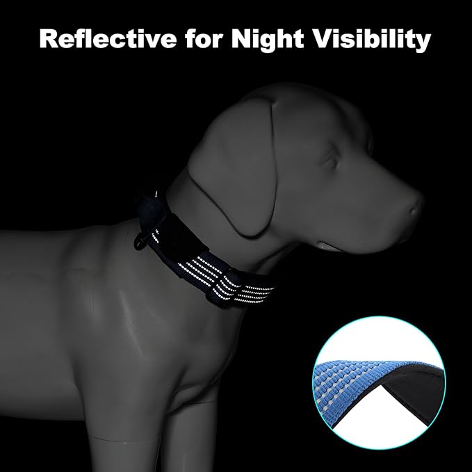 Plutus Pet Tactical Dog Collar with Tracker Pocket for AirTag, Adjustable Reflective Nylon Collar, Metal Buckle, Leather-Wrapped Handle, Soft Padded for Medium Large Dogs (Blue, S)