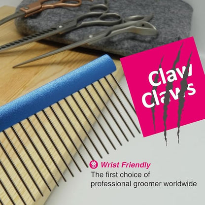 Claw Claws Greyhound Oval Grooming Comb – Aluminum handle, Stainless Steel Teeth Comb for Long-Haired Dogs & Cats, Removes Mats, Tangles, and Loose Fur – Lightweight for Deshedding (Silver/Blue, 9.8")