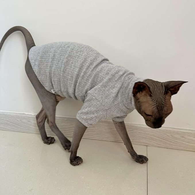 Sphynx Hairless Cats Shirt Cotton Cat Turtleneck Sweater Pullover Kitten T-Shirts with Sleeves Cat Pajamas Jumpsuit for Sphynx Cornish Rex, Devon Rex, Peterbald (X-Large (Pack of 1), Light Grey)