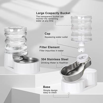 RIZZARI Automatic Dog Water Bowl: 5L Gravity Stainless Steel Cat Water Dispenser - with Two Caps and Filters for 8-20 LB Elderly Dogs with Spinal Problems - for Kitchen Bedroom