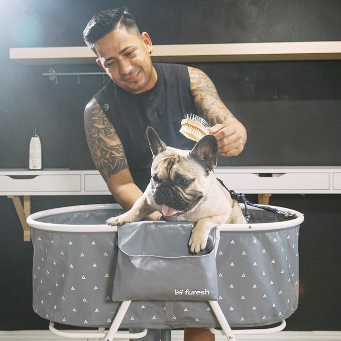 Furesh Little Dipper Dog Bath Tub and Wash Station for Bathing Shower and Grooming, Elevated Foldable and Portable, Indoor and Outdoor, for Small and Medium Size Dogs, Cats and Other Pet (Gray)